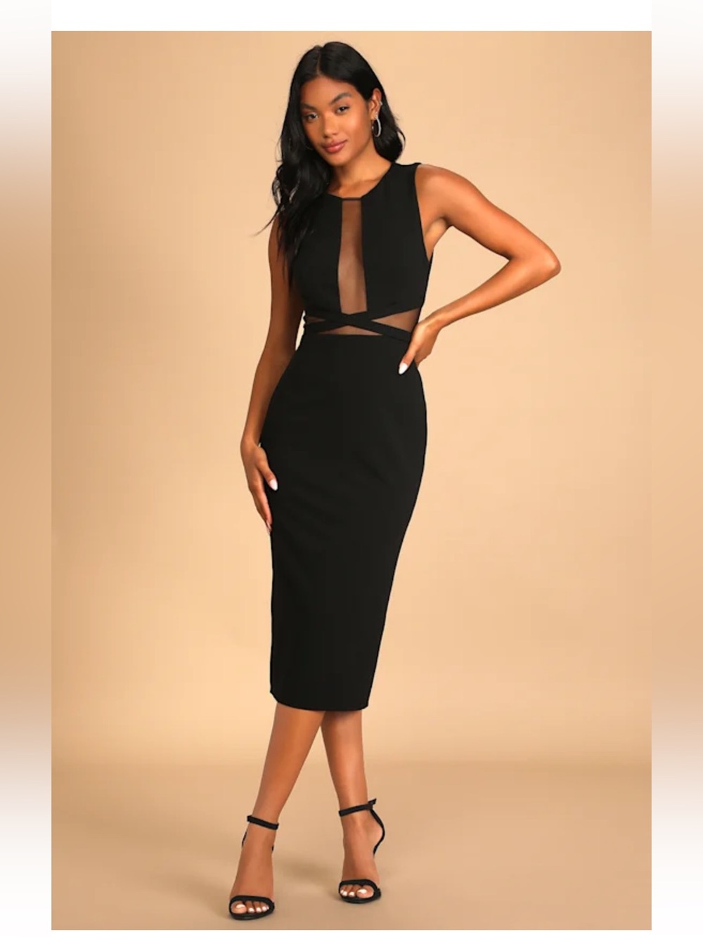Lulu's Black Sheer-Panel Cutout Midi Dress